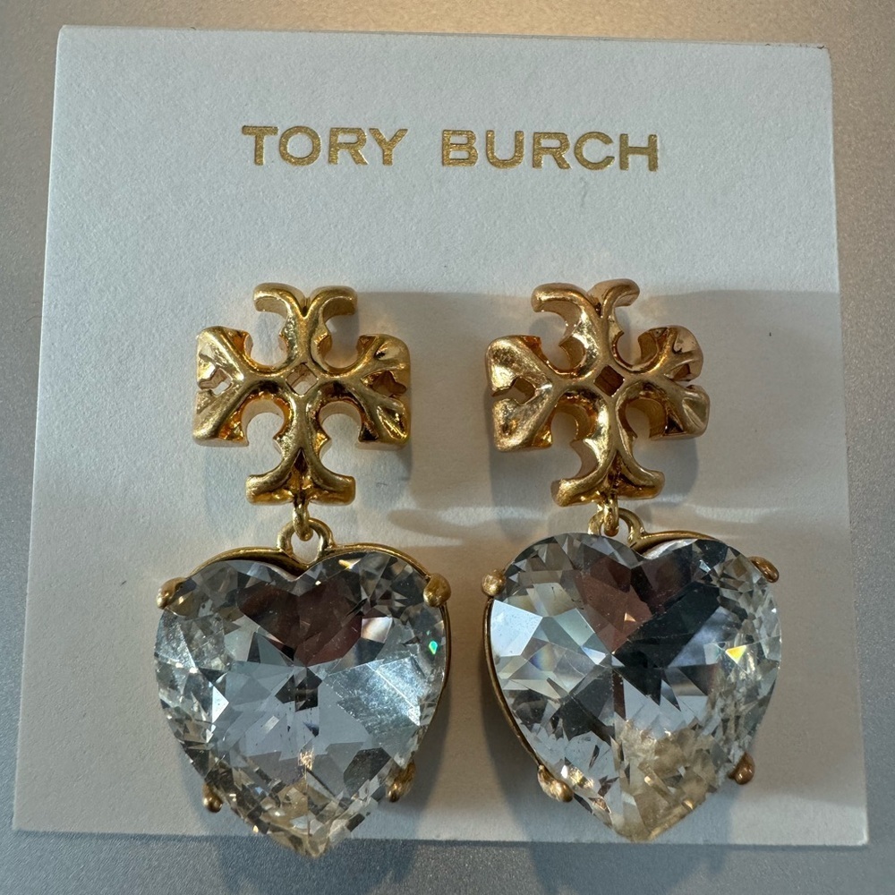 Tory Burch New Roxanne Crystal Brass Heart Drop Earrings - Picture 8 of 16